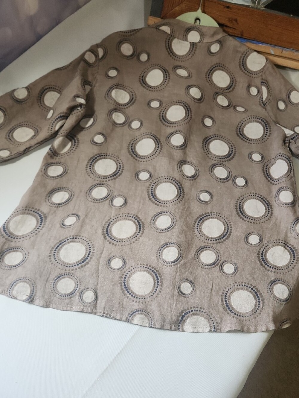 Cherish Polka Dot Blouse in Beige, Navy, & White 100% Linen - Picture 8 of 11
